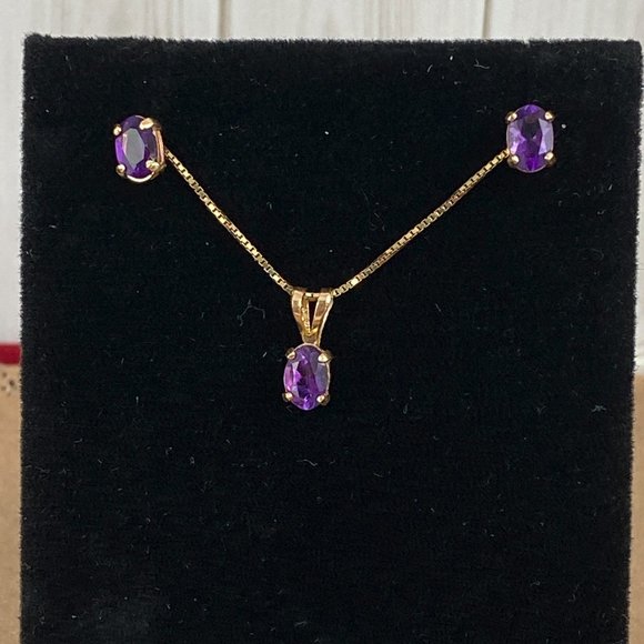 Vintage February Birth Stone Stunning Amethyst 14K Gold Earrings and Pendant - Picture 1 of 5